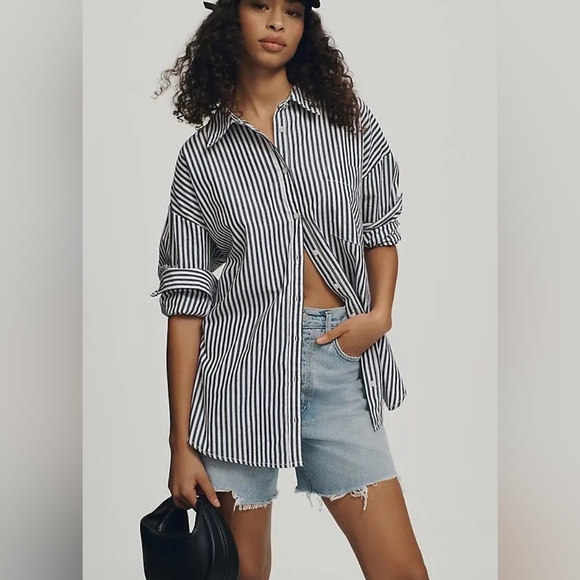 Anthropologie Tops - Anthropologie Bennet Striped Oversized Buttondown Shirt Maeve Dark Gray White